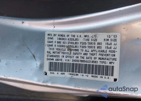 2004 Honda Cr-V Ex z USA, uszkodzony, nr VIN SHSRD78854U219583